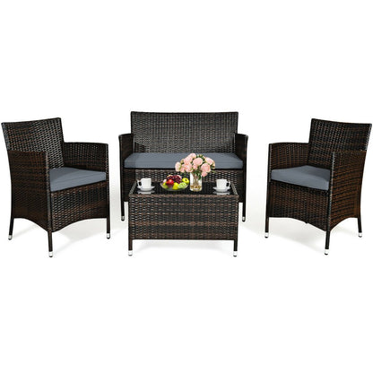 4 Pieces Comfortable Outdoor Rattan Sofa Set with Glass Coffee Table, Gray Patio Conversation Sets   at Gallery Canada