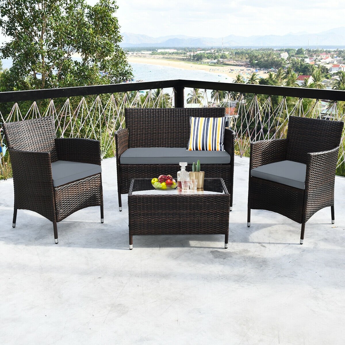 4 Pieces Comfortable Outdoor Rattan Sofa Set with Glass Coffee Table, Gray Patio Conversation Sets   at Gallery Canada