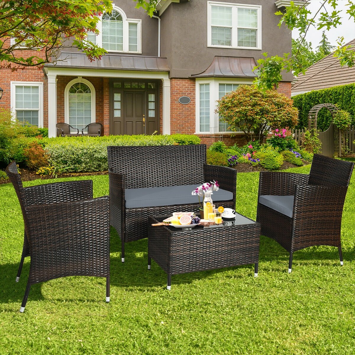 4 Pieces Comfortable Outdoor Rattan Sofa Set with Glass Coffee Table, Gray Patio Conversation Sets   at Gallery Canada