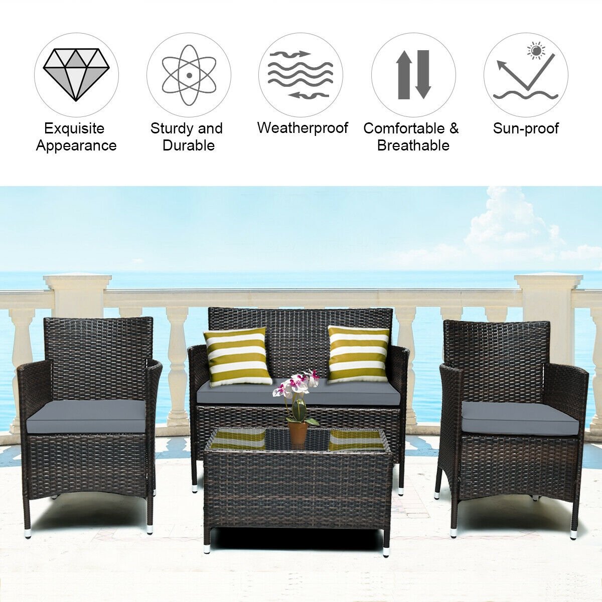 4 Pieces Comfortable Outdoor Rattan Sofa Set with Glass Coffee Table, Gray Patio Conversation Sets   at Gallery Canada