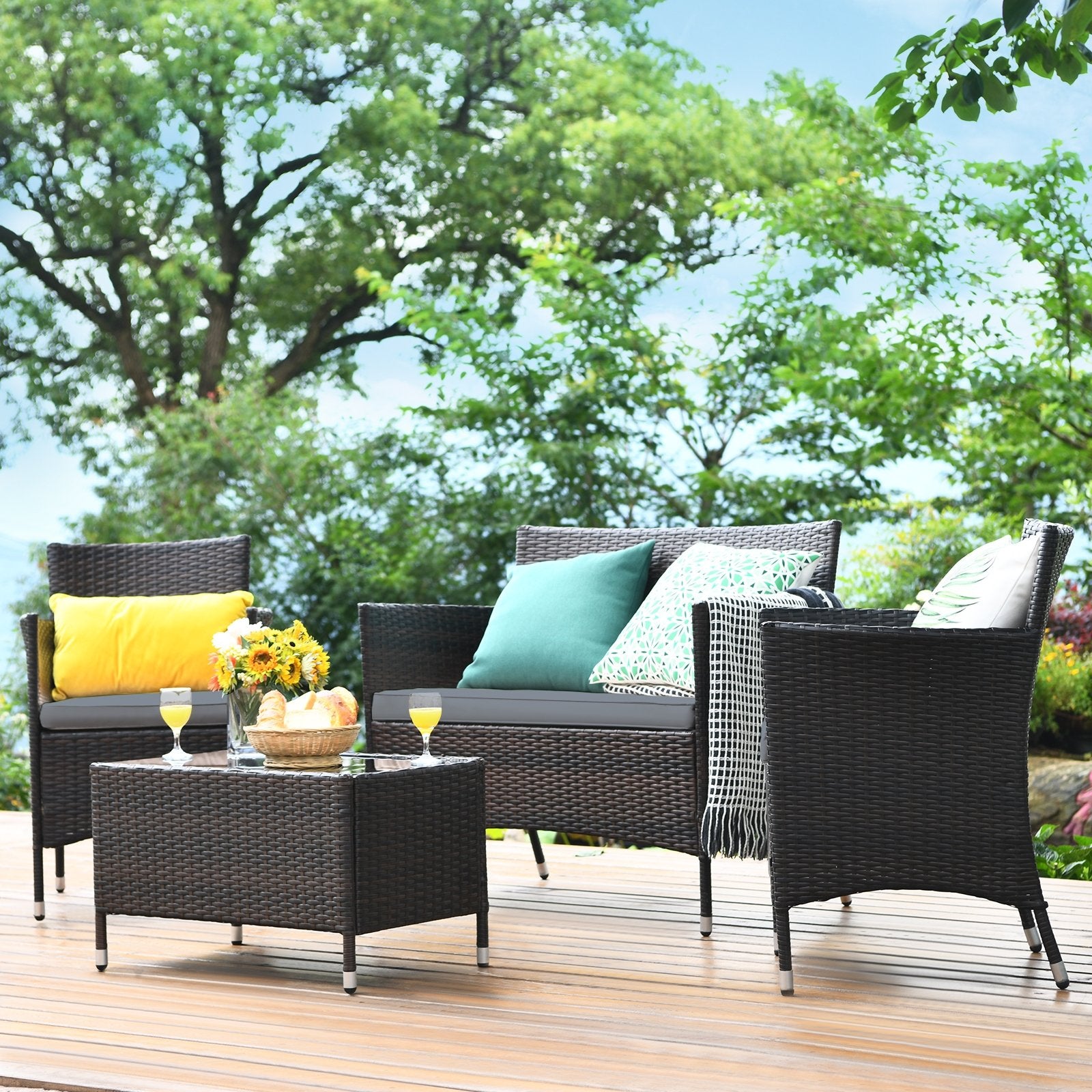 4 Pieces Comfortable Outdoor Rattan Sofa Set with Glass Coffee Table, Gray Patio Conversation Sets   at Gallery Canada