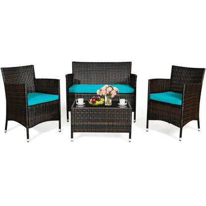 4 Pieces Comfortable Outdoor Rattan Sofa Set with Glass Coffee Table, Turquoise Patio Conversation Sets   at Gallery Canada