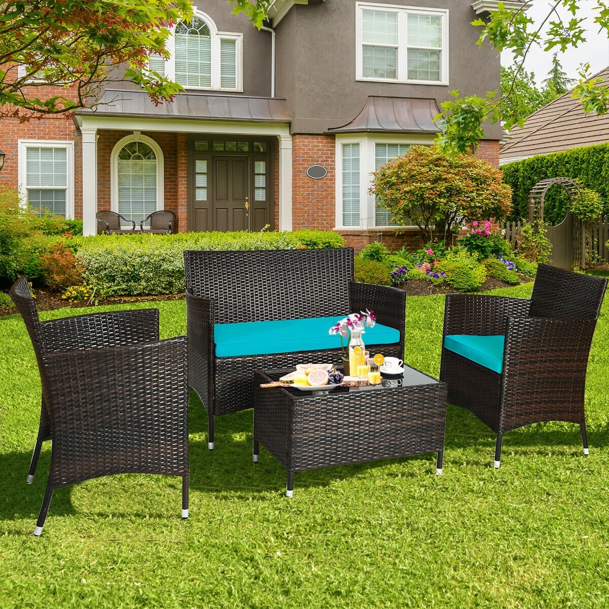 4 Pieces Comfortable Outdoor Rattan Sofa Set with Glass Coffee Table, Turquoise Patio Conversation Sets   at Gallery Canada