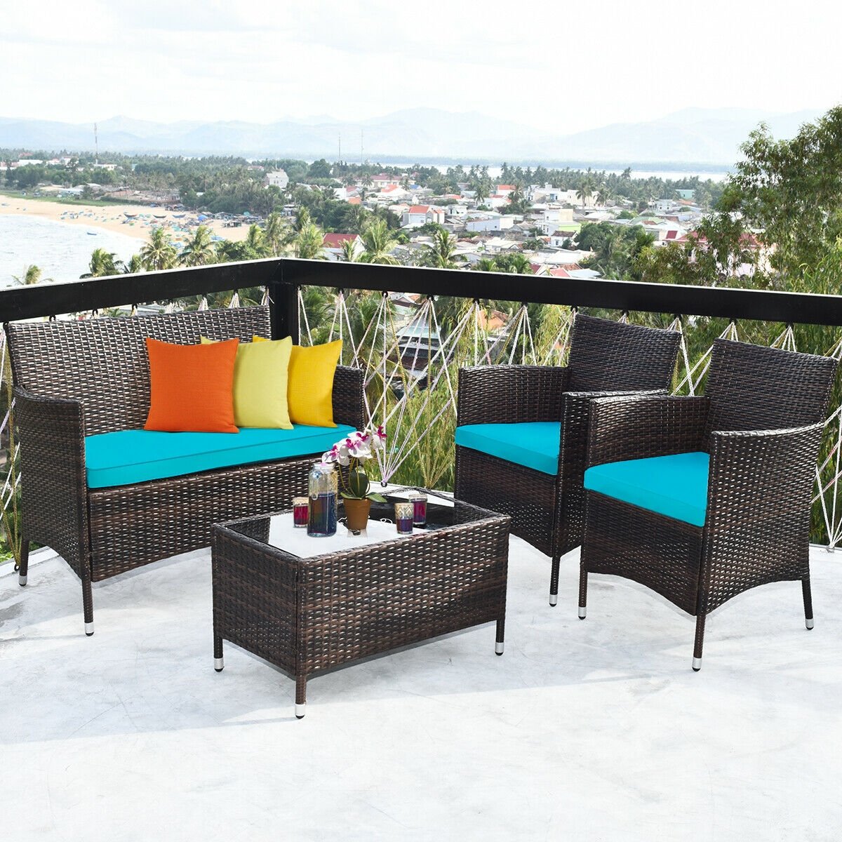 4 Pieces Comfortable Outdoor Rattan Sofa Set with Glass Coffee Table, Turquoise Patio Conversation Sets   at Gallery Canada