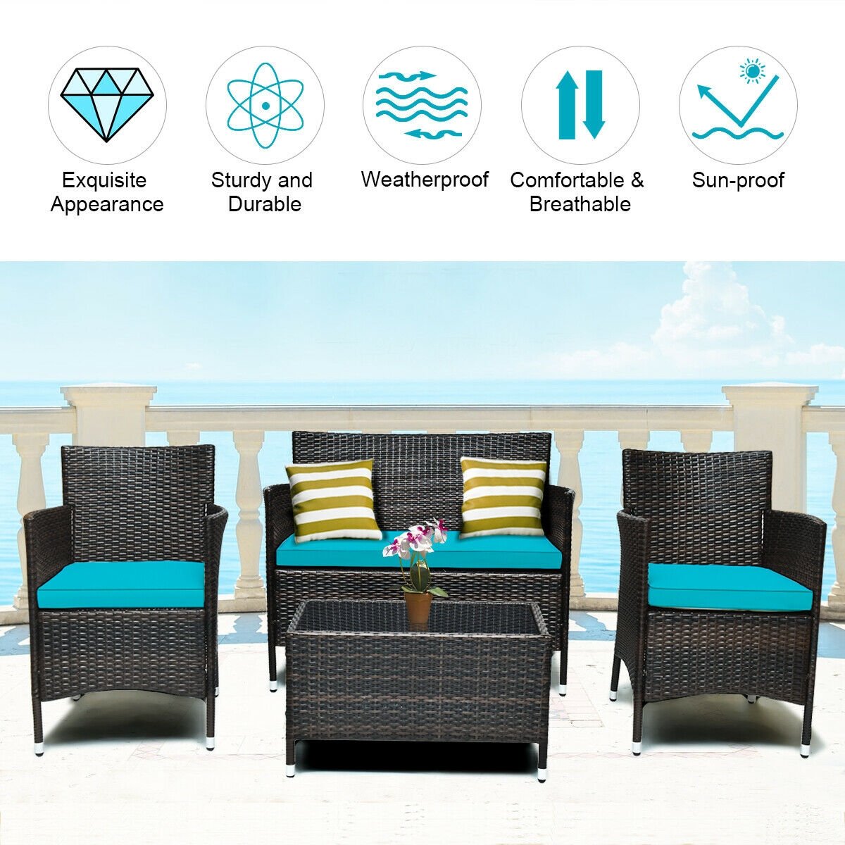 4 Pieces Comfortable Outdoor Rattan Sofa Set with Glass Coffee Table, Turquoise Patio Conversation Sets   at Gallery Canada