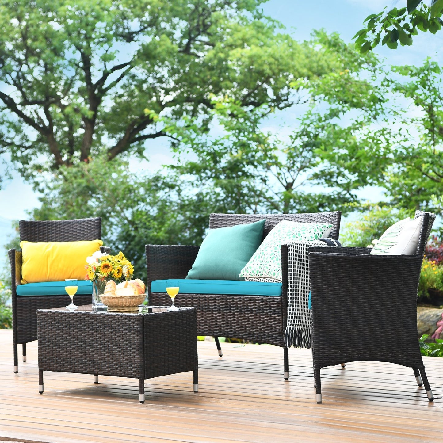 4 Pieces Comfortable Outdoor Rattan Sofa Set with Glass Coffee Table, Turquoise Patio Conversation Sets   at Gallery Canada