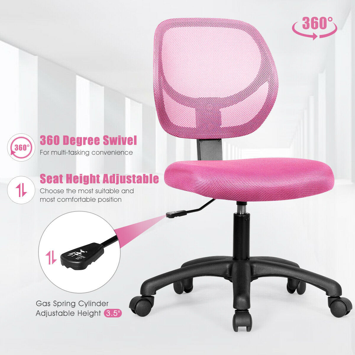 Low-back Computer Task Office Desk Chair with Swivel Casters, Pink Armless Chairs   at Gallery Canada