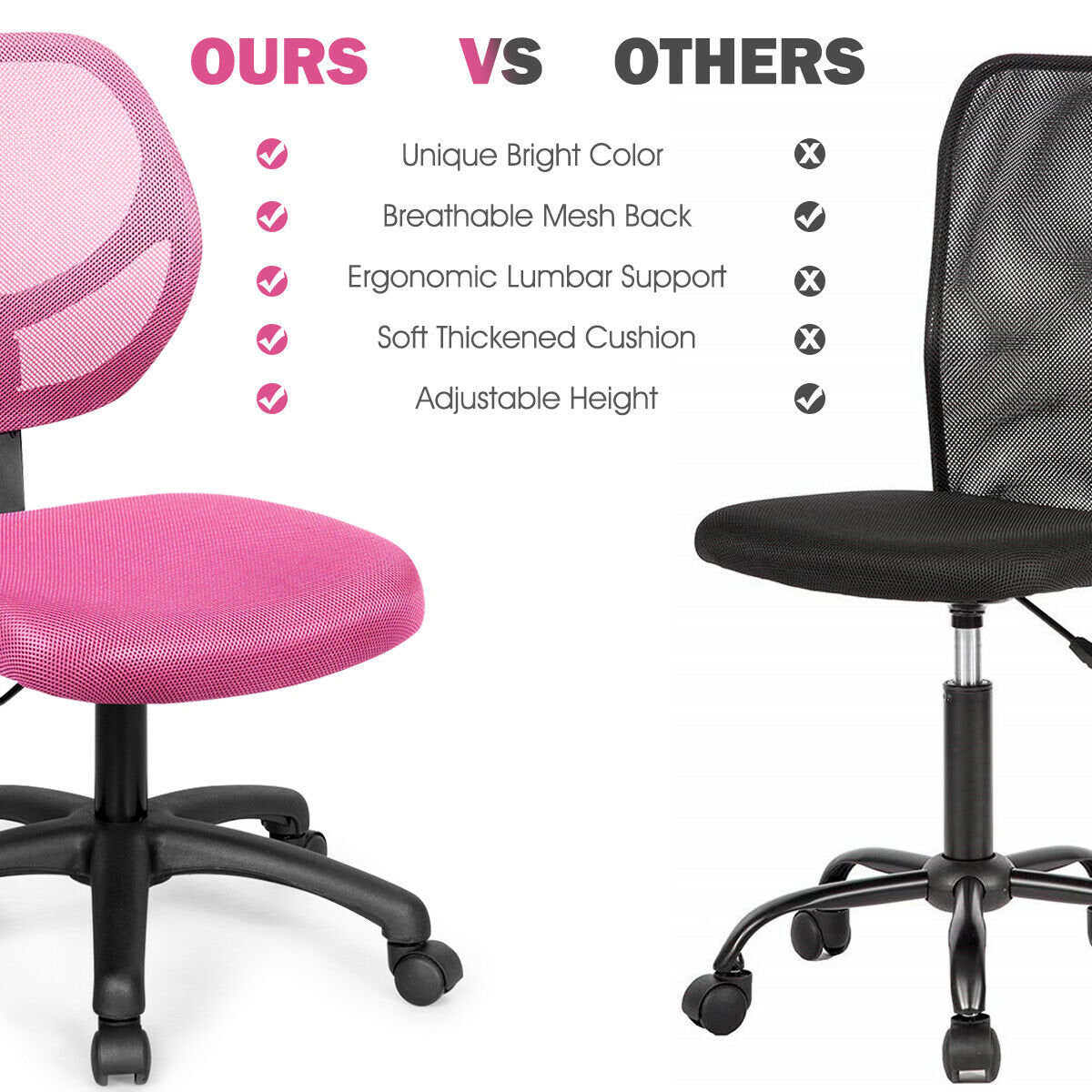 Low-back Computer Task Office Desk Chair with Swivel Casters, Pink Armless Chairs   at Gallery Canada