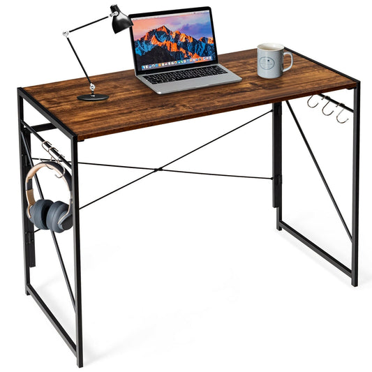 Folding Computer Desk Writing Study Desk Home Office with 6 Hooks, Rustic Brown - Gallery Canada