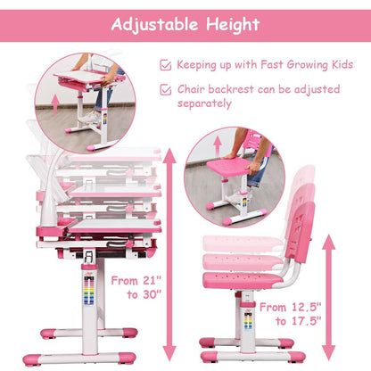 Adjustable Kids Desk Chair Set with Lamp and Bookstand, Pink - Gallery Canada