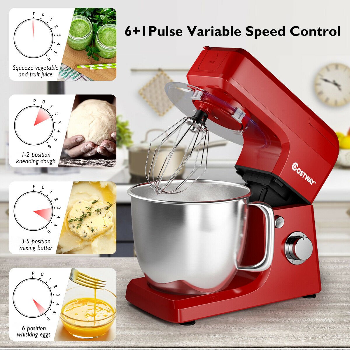 3-in-1 Multi-functional 6-speed Tilt-head Food Stand Mixer, Red - Gallery Canada