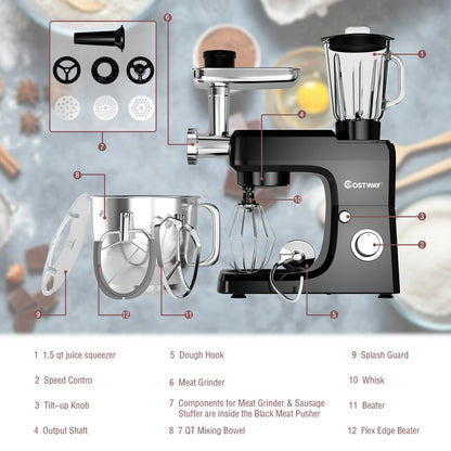 3-in-1 Multi-functional 6-speed Tilt-head Food Stand Mixer, Black - Gallery Canada