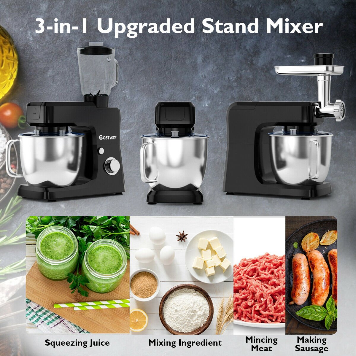 3-in-1 Multi-functional 6-speed Tilt-head Food Stand Mixer, Black - Gallery Canada