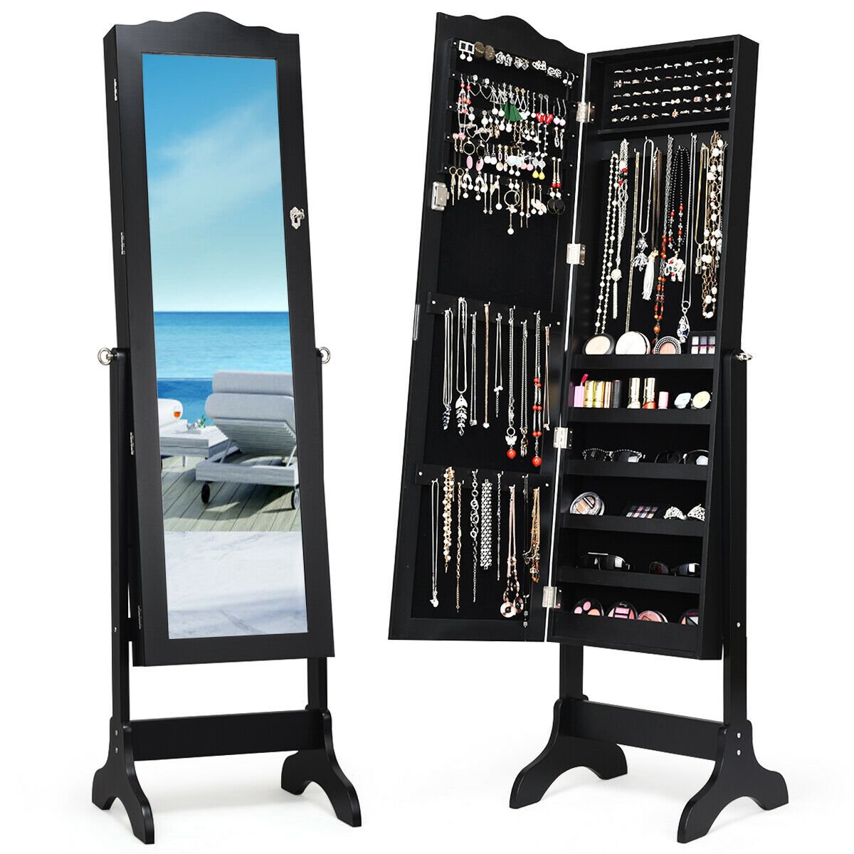 Mirrored Lockable Jewelry Cabinet Armoire Organizer Storage Box, Black Jewelry Armoires Black  at Gallery Canada