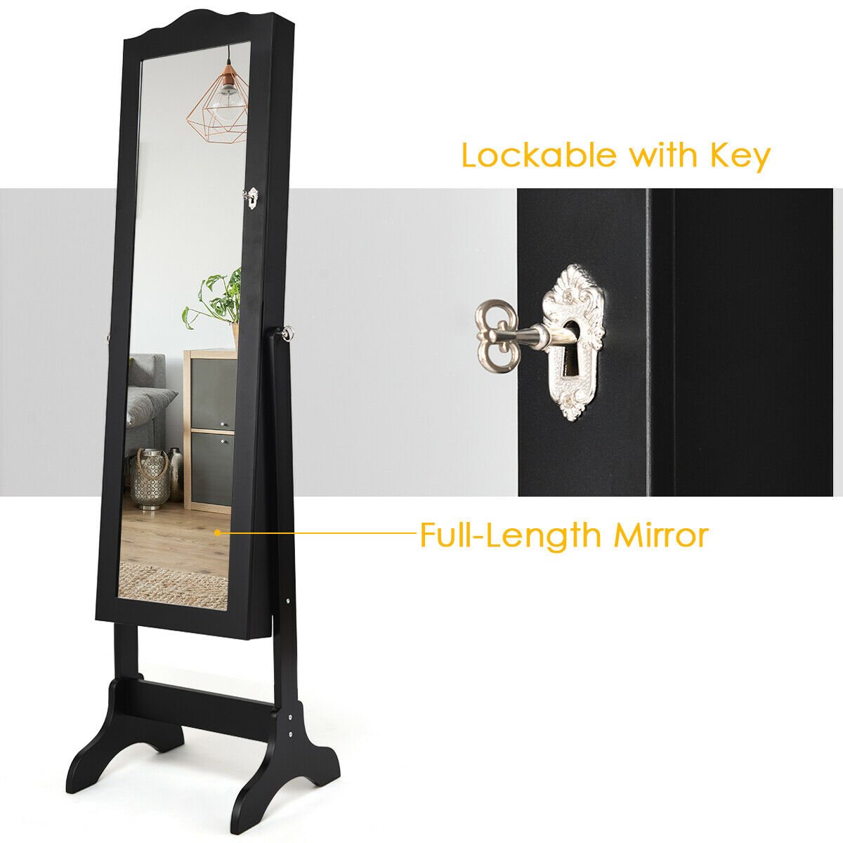 Mirrored Lockable Jewelry Cabinet Armoire Organizer Storage Box, Black Jewelry Armoires   at Gallery Canada