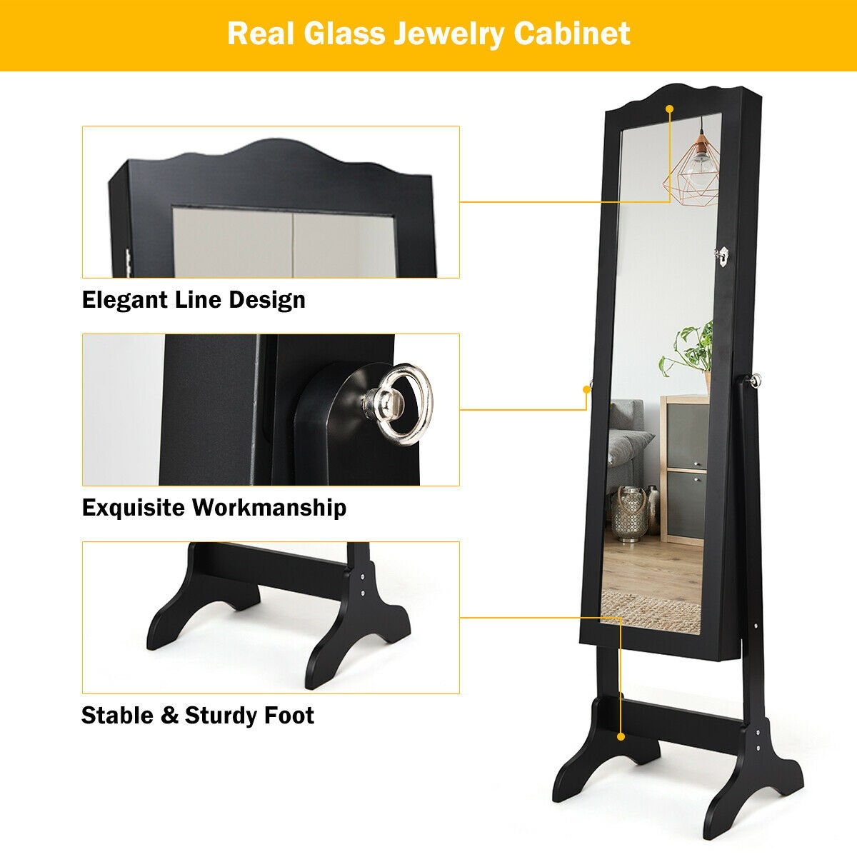 Mirrored Lockable Jewelry Cabinet Armoire Organizer Storage Box, Black Jewelry Armoires   at Gallery Canada