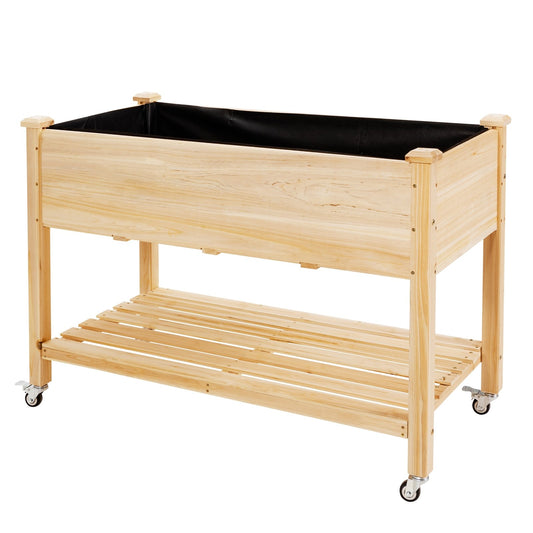 Wood Elevated Planter Bed with Lockable Wheels Shelf and Liner, Natural - Gallery Canada