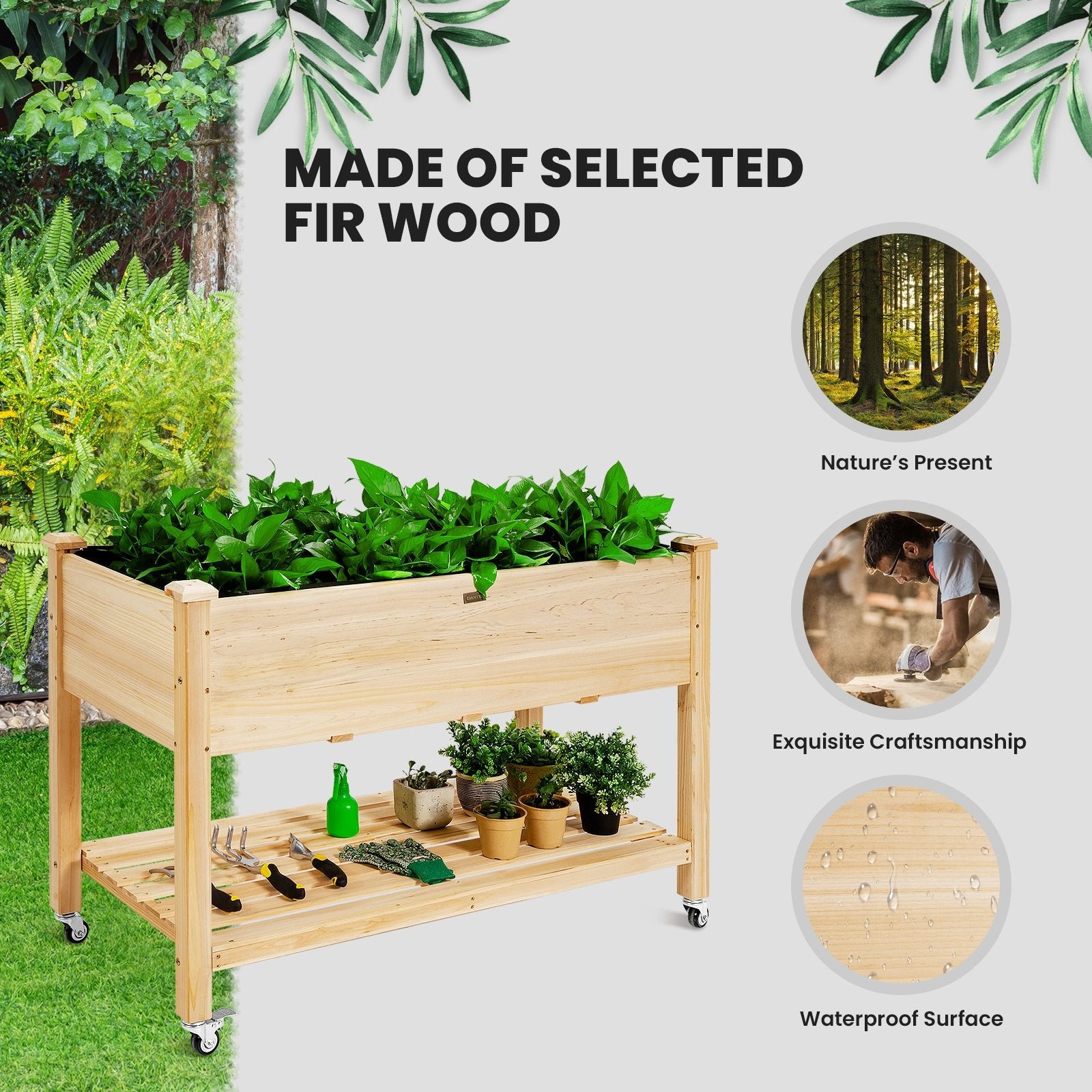 Wood Elevated Planter Bed with Lockable Wheels Shelf and Liner, Natural Raised Garden Beds   at Gallery Canada