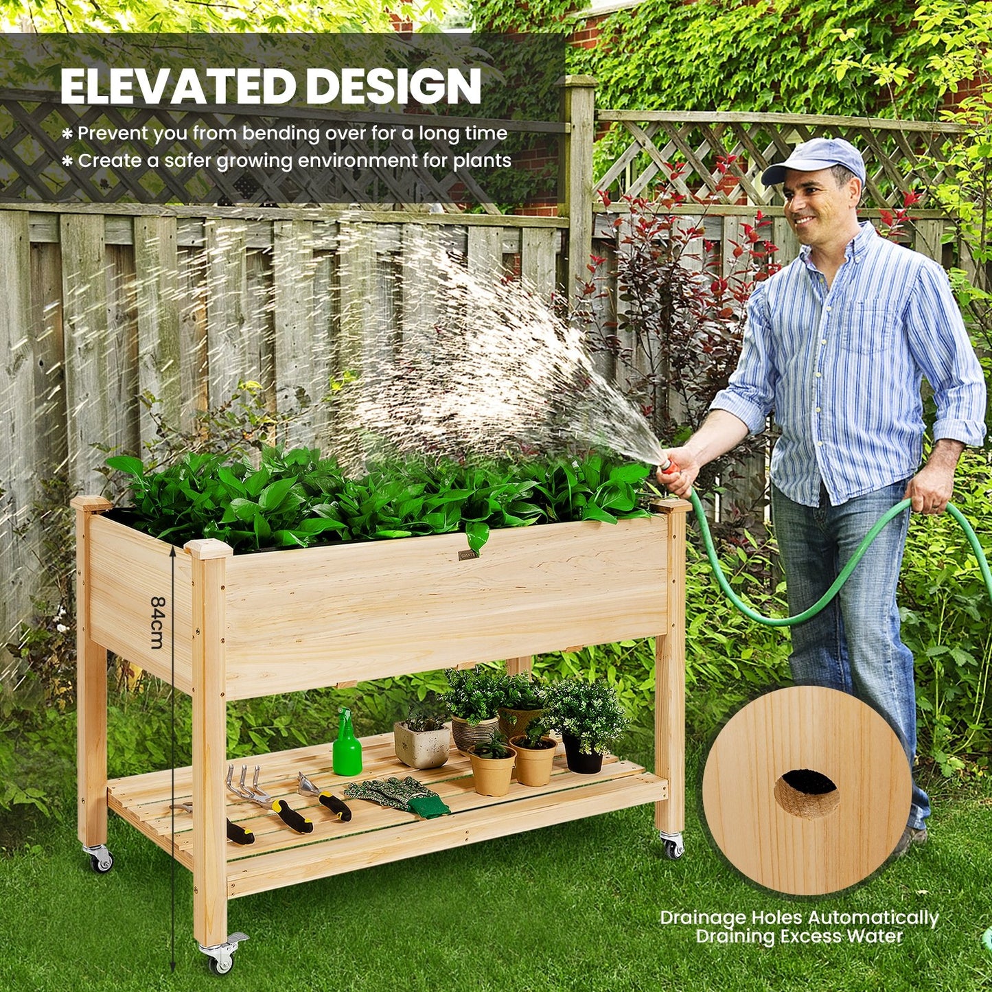 Wood Elevated Planter Bed with Lockable Wheels Shelf and Liner, Natural Raised Garden Beds   at Gallery Canada