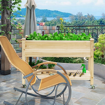 Wood Elevated Planter Bed with Lockable Wheels Shelf and Liner, Natural Raised Garden Beds   at Gallery Canada