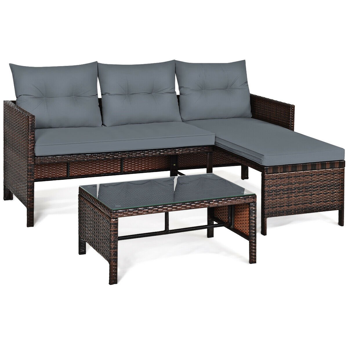 3 Pieces Patio Wicker Rattan Sofa Set, Gray Patio Conversation Sets   at Gallery Canada