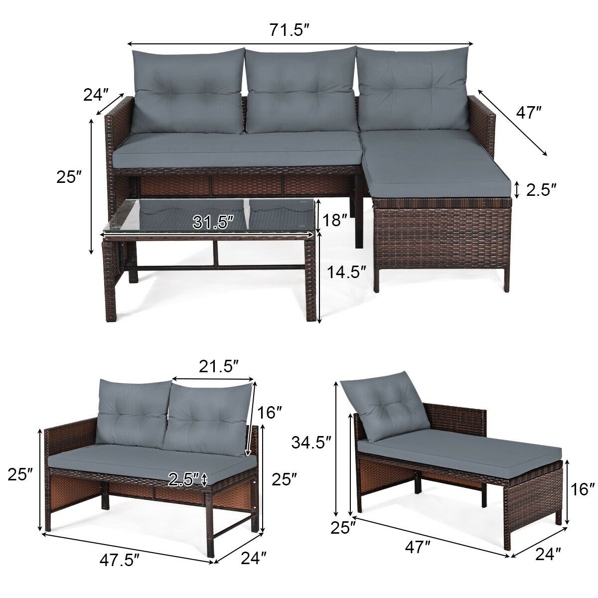 3 Pieces Patio Wicker Rattan Sofa Set, Gray Patio Conversation Sets   at Gallery Canada