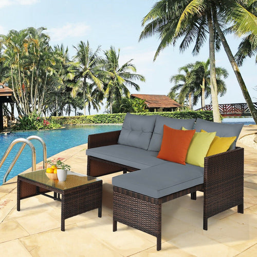 3 Pieces Patio Wicker Rattan Sofa Set, Gray