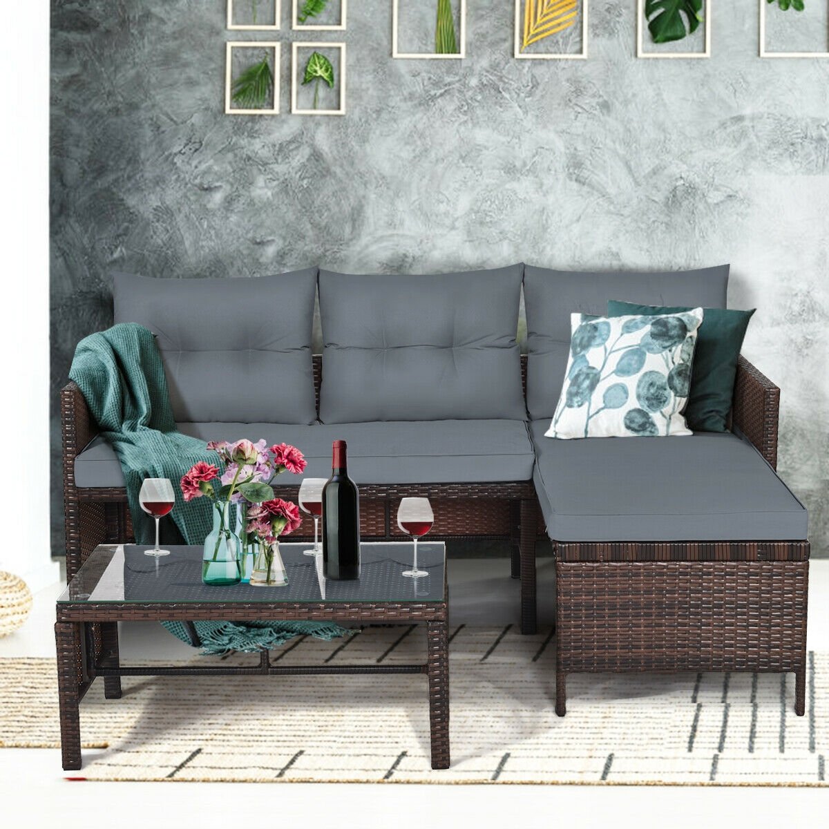 3 Pieces Patio Wicker Rattan Sofa Set, Gray Patio Conversation Sets   at Gallery Canada