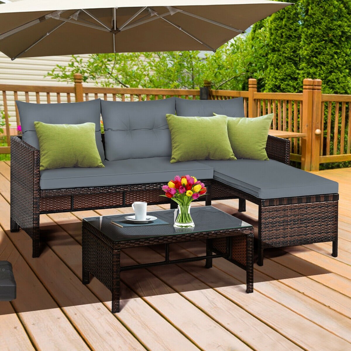 3 Pieces Patio Wicker Rattan Sofa Set, Gray Patio Conversation Sets   at Gallery Canada