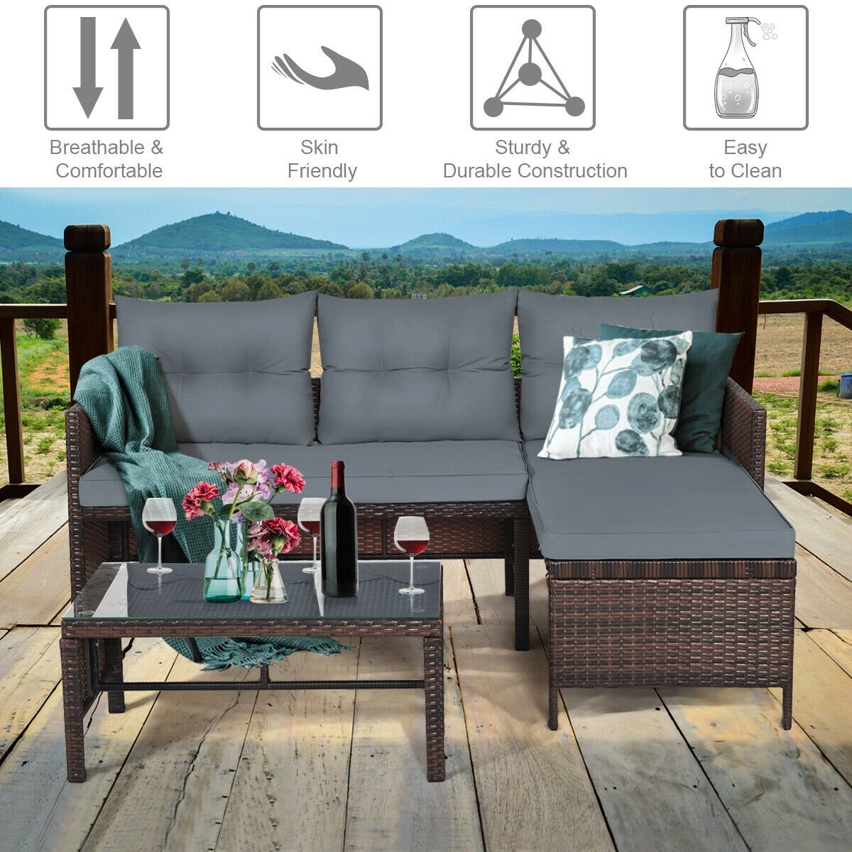 3 Pieces Patio Wicker Rattan Sofa Set, Gray Patio Conversation Sets   at Gallery Canada