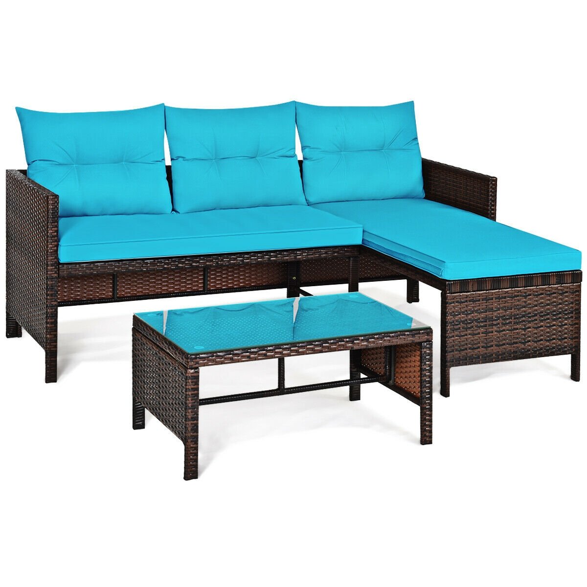 3 Pieces Patio Wicker Rattan Sofa Set, Turquoise Patio Conversation Sets   at Gallery Canada