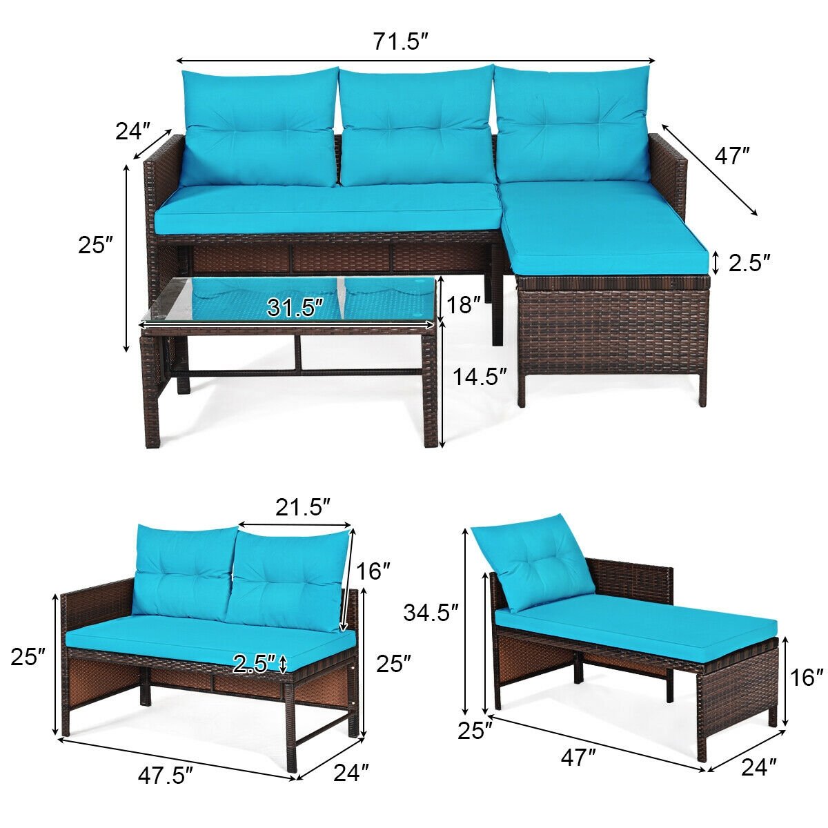 3 Pieces Patio Wicker Rattan Sofa Set, Turquoise Patio Conversation Sets   at Gallery Canada