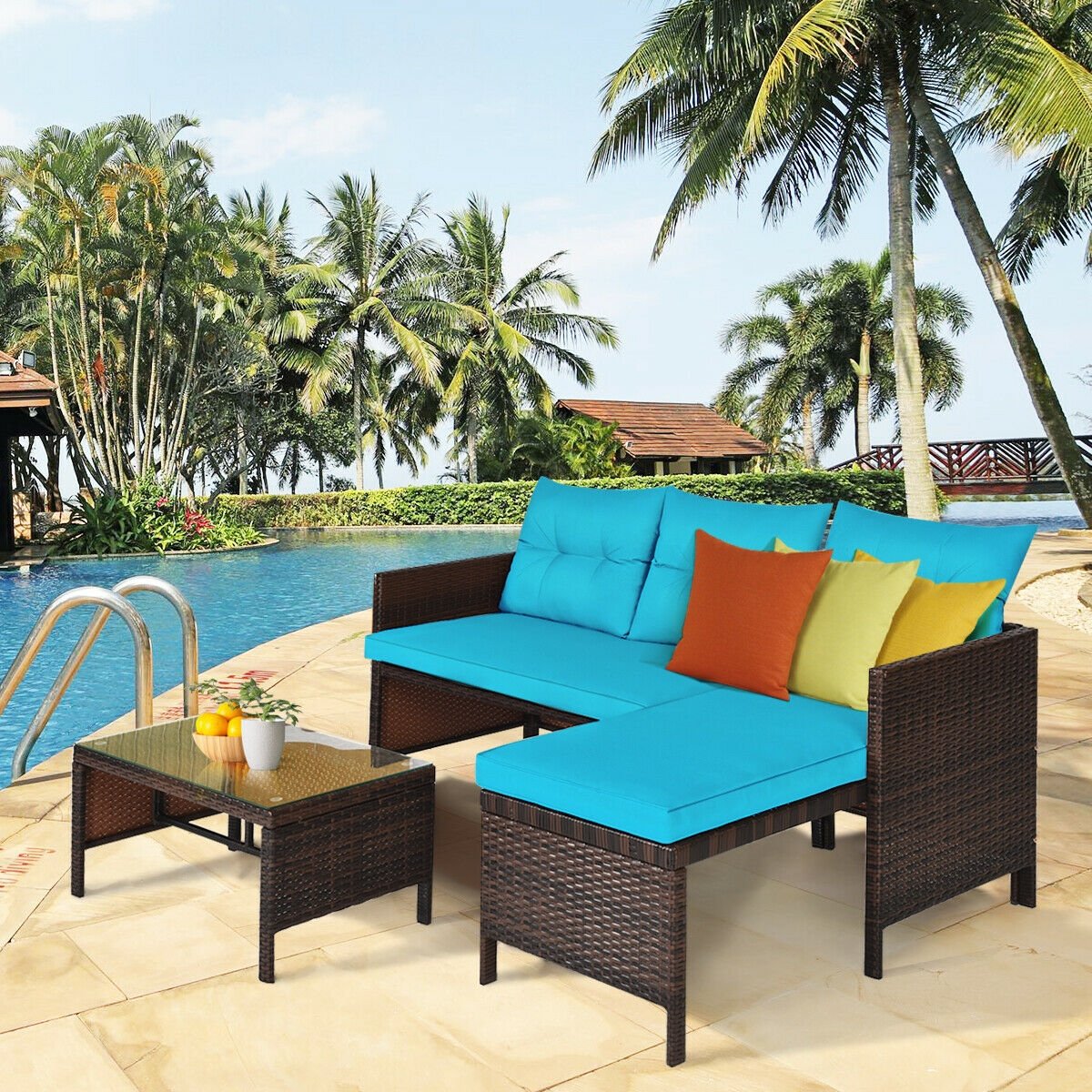 3 Pieces Patio Wicker Rattan Sofa Set, Turquoise Patio Conversation Sets   at Gallery Canada