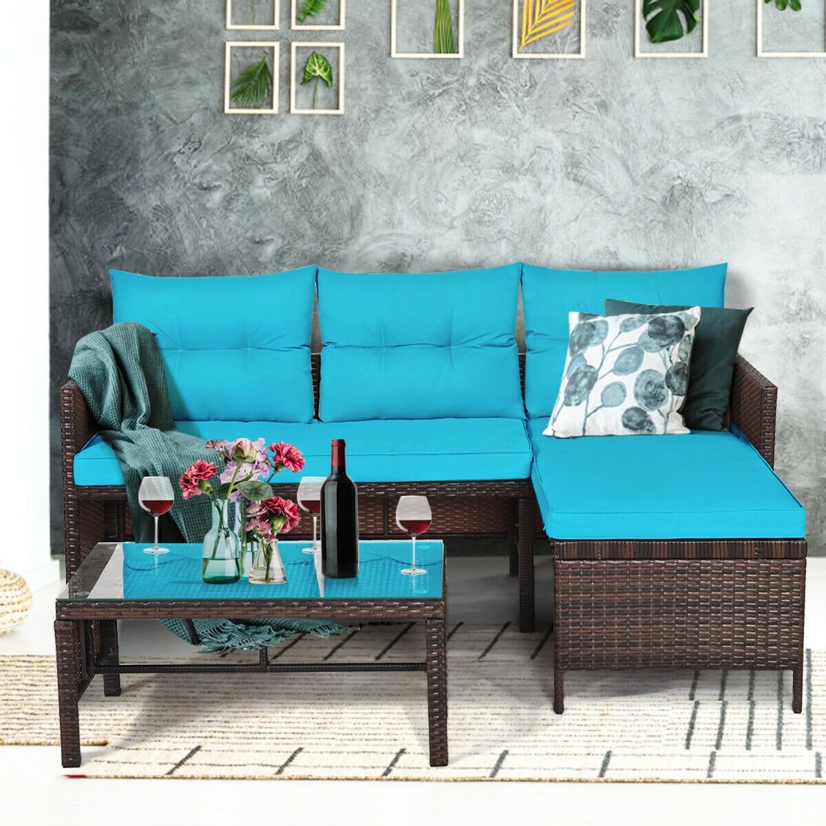 3 Pieces Patio Wicker Rattan Sofa Set, Turquoise Patio Conversation Sets   at Gallery Canada