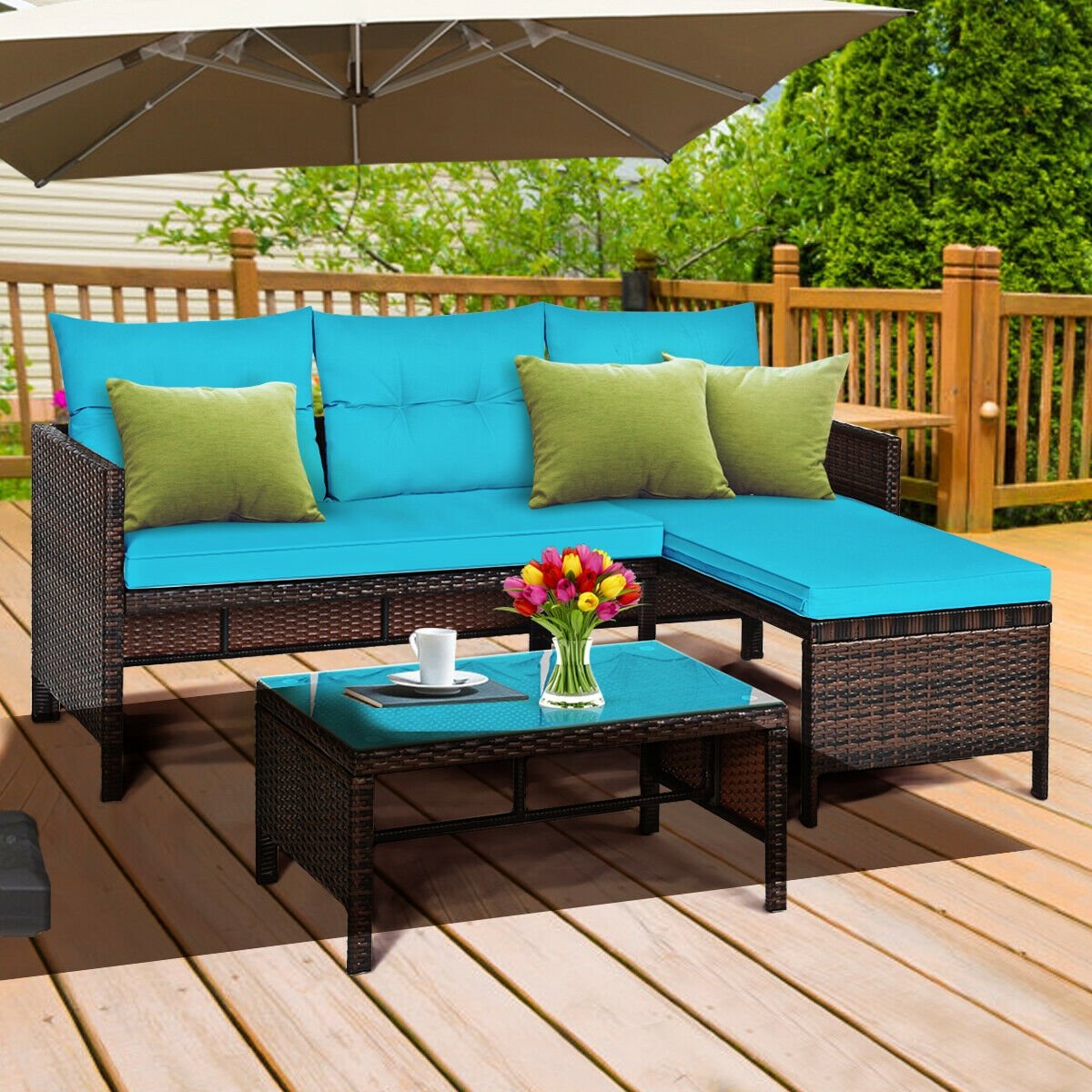 3 Pieces Patio Wicker Rattan Sofa Set, Turquoise Patio Conversation Sets   at Gallery Canada