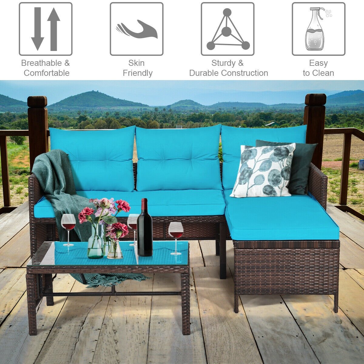 3 Pieces Patio Wicker Rattan Sofa Set, Turquoise Patio Conversation Sets   at Gallery Canada