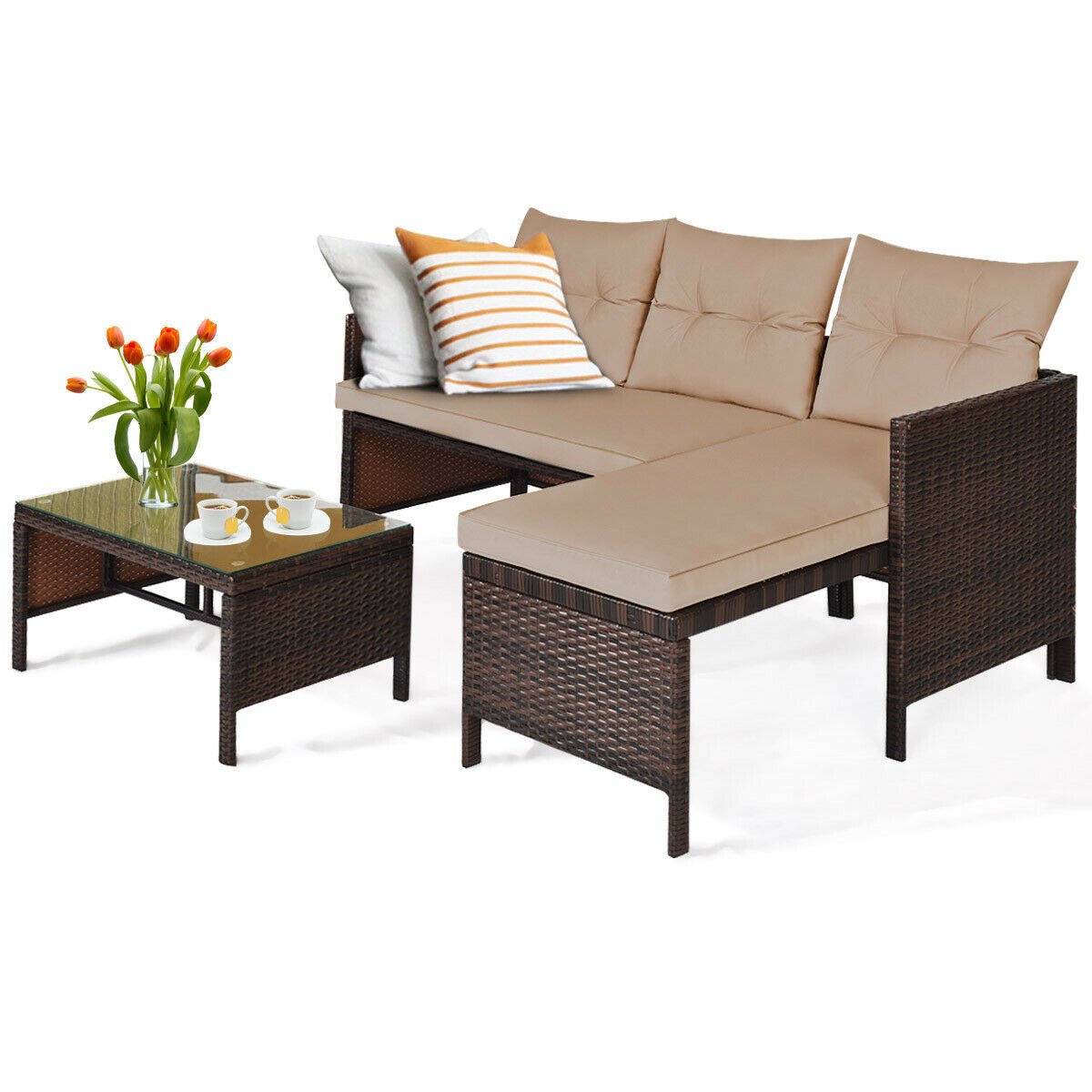 3 Pieces Patio Wicker Rattan Sofa Set, Beige Patio Conversation Sets   at Gallery Canada