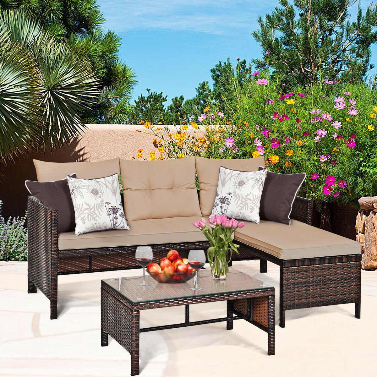 3 Pieces Patio Wicker Rattan Sofa Set, Beige Patio Conversation Sets   at Gallery Canada