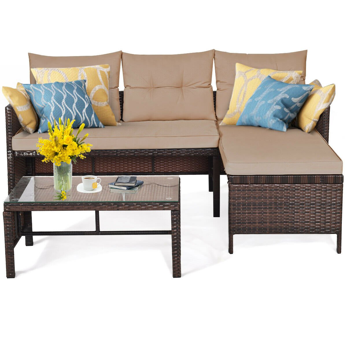 3 Pieces Patio Wicker Rattan Sofa Set, Beige Patio Conversation Sets   at Gallery Canada