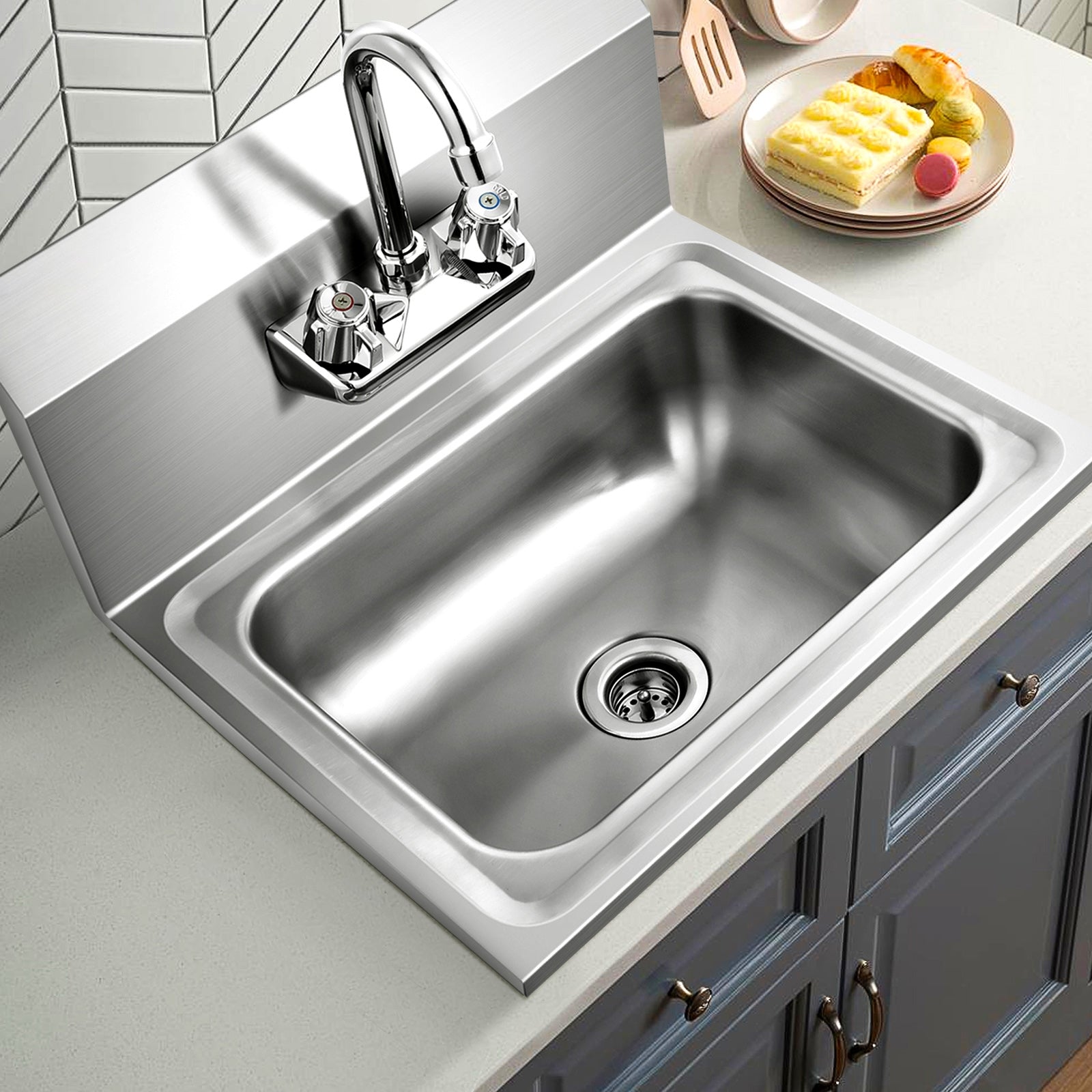 Stainless Steel Sink Wall Mount Hand Washing Sink with Faucet and Back Splash Kitchen Utensils at Gallery Canada