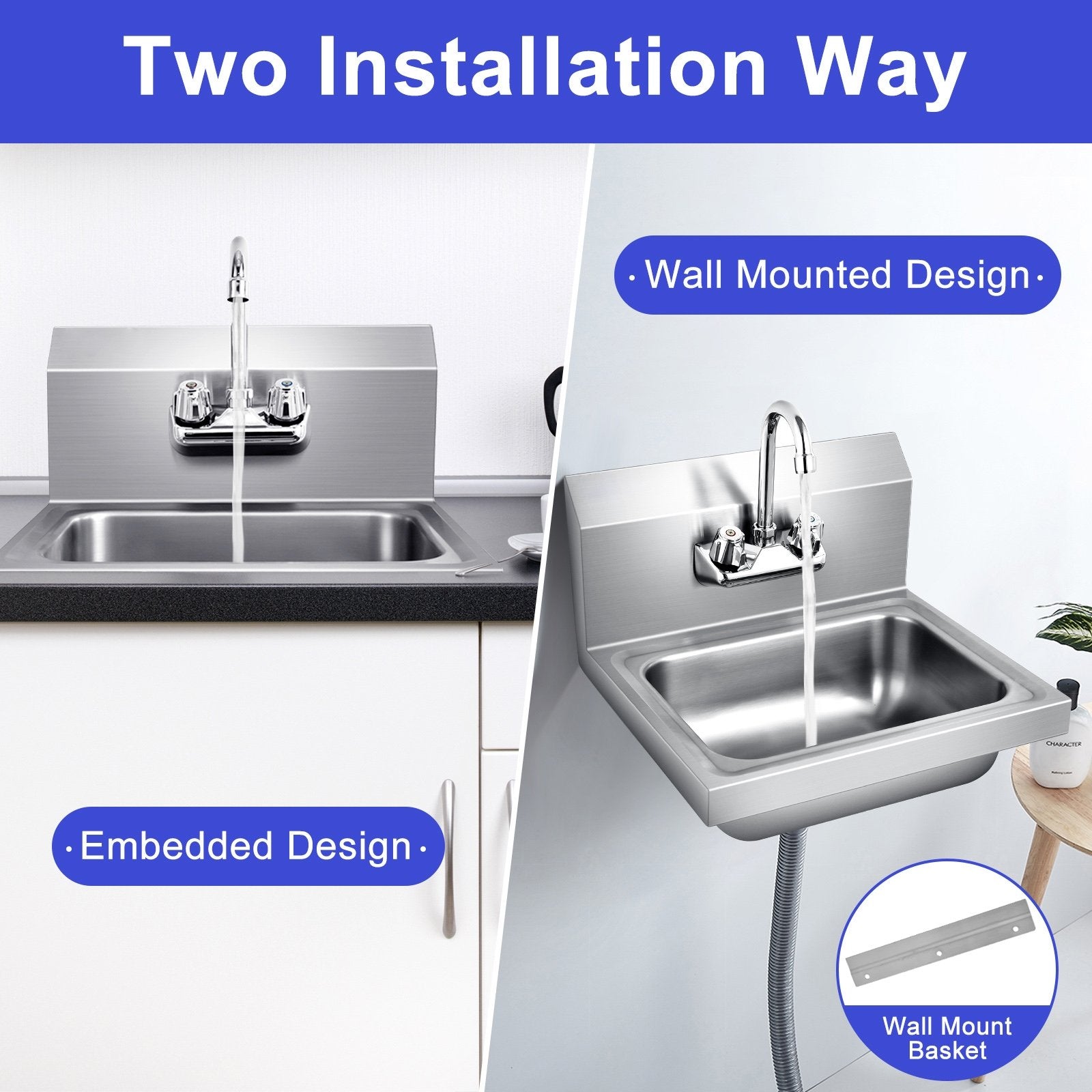 Stainless Steel Sink Wall Mount Hand Washing Sink with Faucet and Back Splash Kitchen Utensils at Gallery Canada