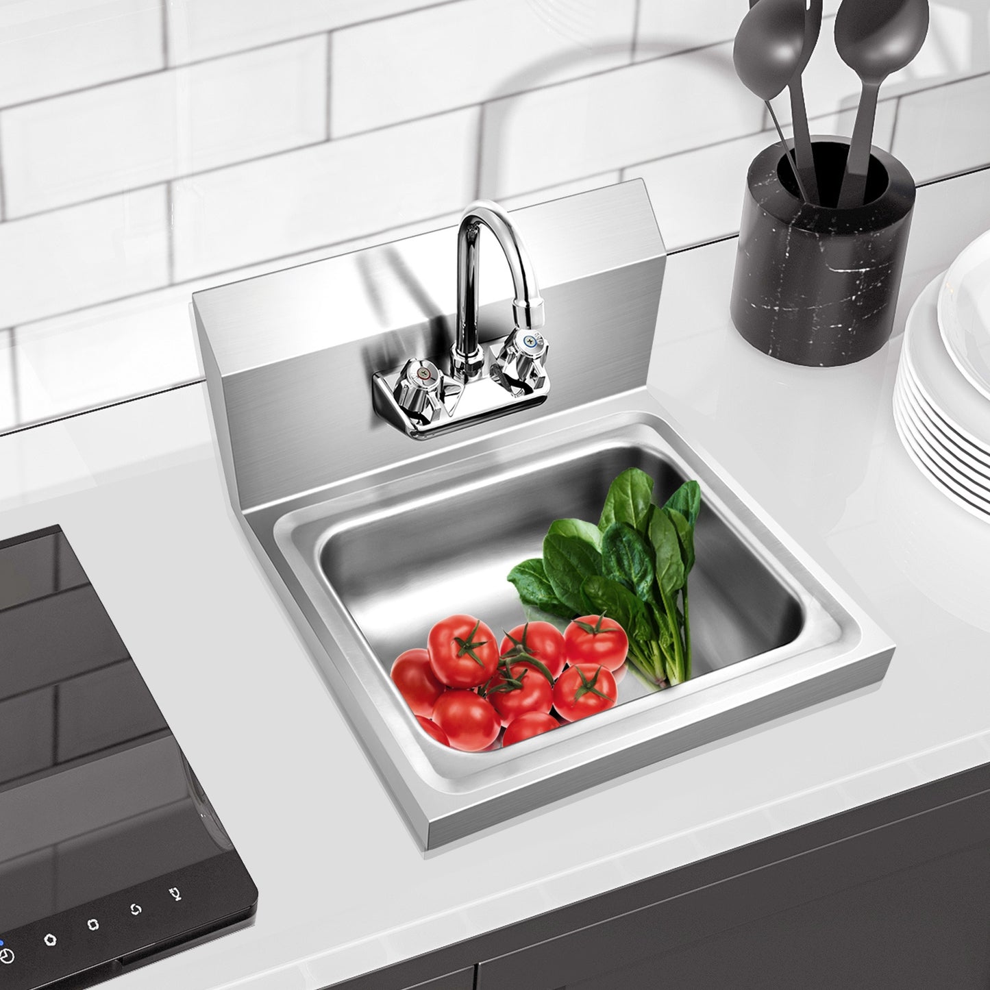 Stainless Steel Sink Wall Mount Hand Washing Sink with Faucet and Back Splash Kitchen Utensils at Gallery Canada