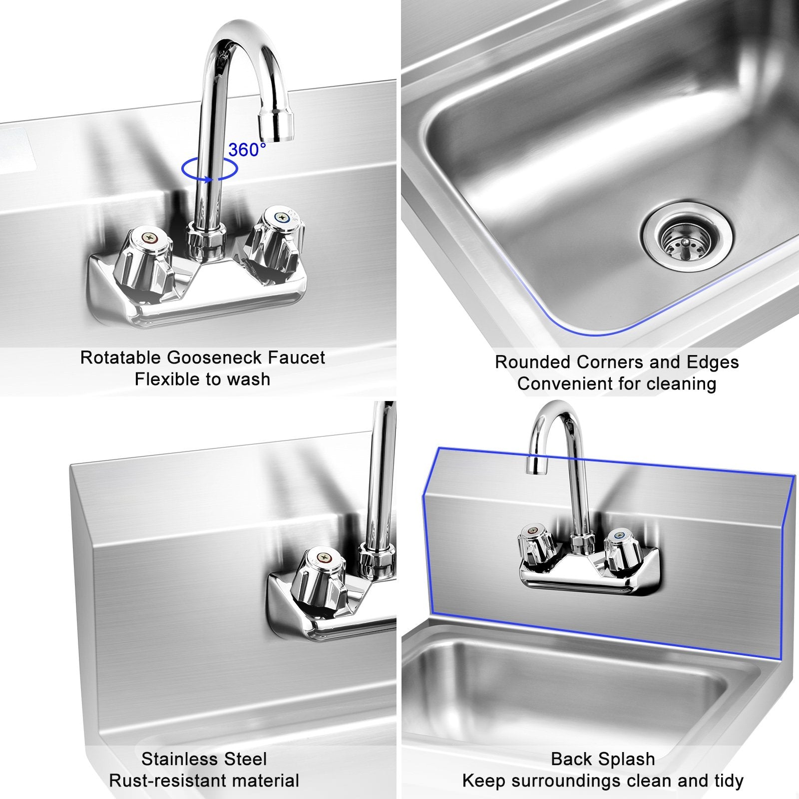 Stainless Steel Sink Wall Mount Hand Washing Sink with Faucet and Back Splash Kitchen Utensils at Gallery Canada