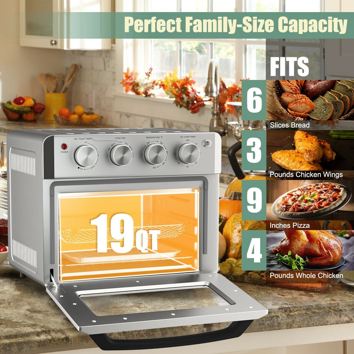 19 Qt Dehydrate Convection Air Fryer Toaster Oven with 5 Accessories, Silver Toaster Ovens   at Gallery Canada