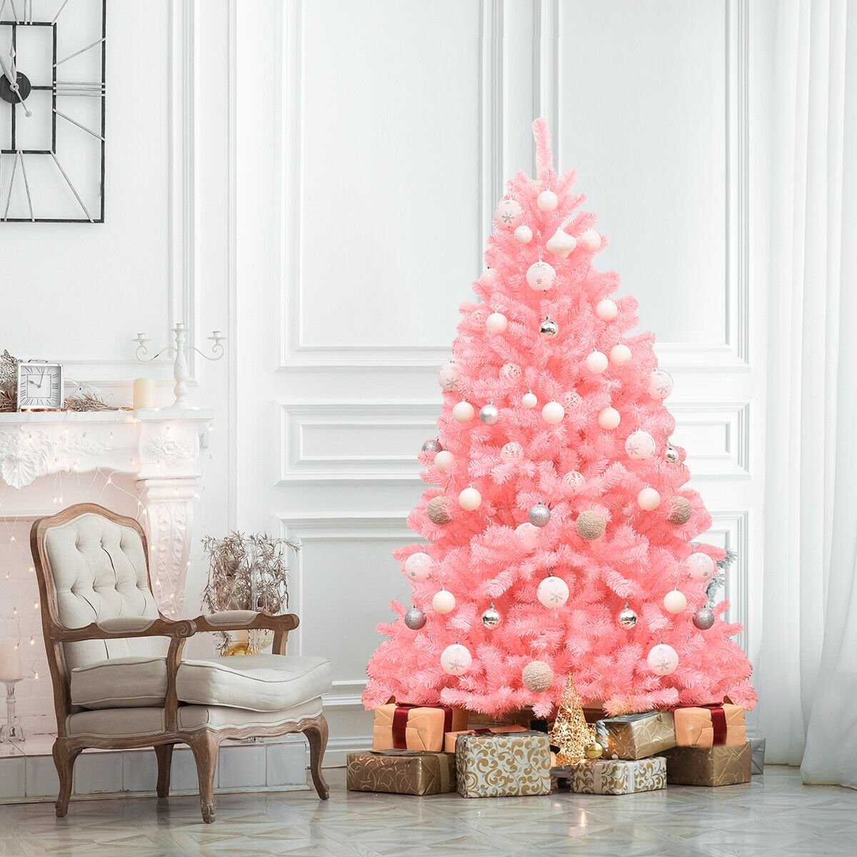 6 Feet Pink Artificial Hinged Spruce Full Christmas Tree with Foldable Metal Stand, Pink Christmas Tree   at Gallery Canada