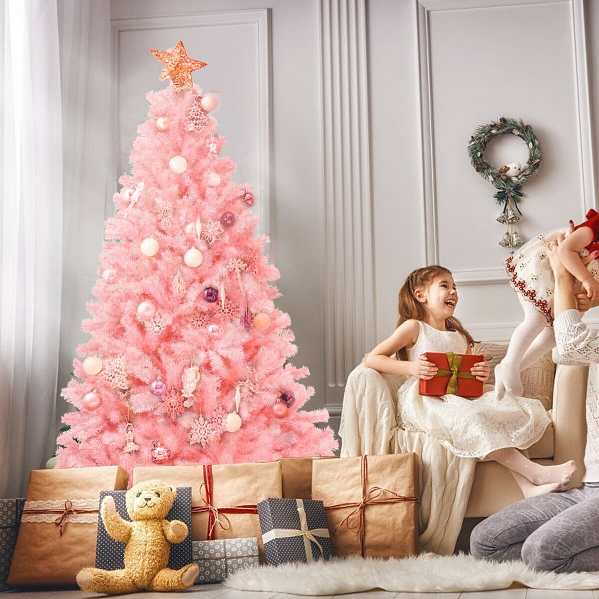 6 Feet Pink Artificial Hinged Spruce Full Christmas Tree with Foldable Metal Stand, Pink Christmas Tree   at Gallery Canada