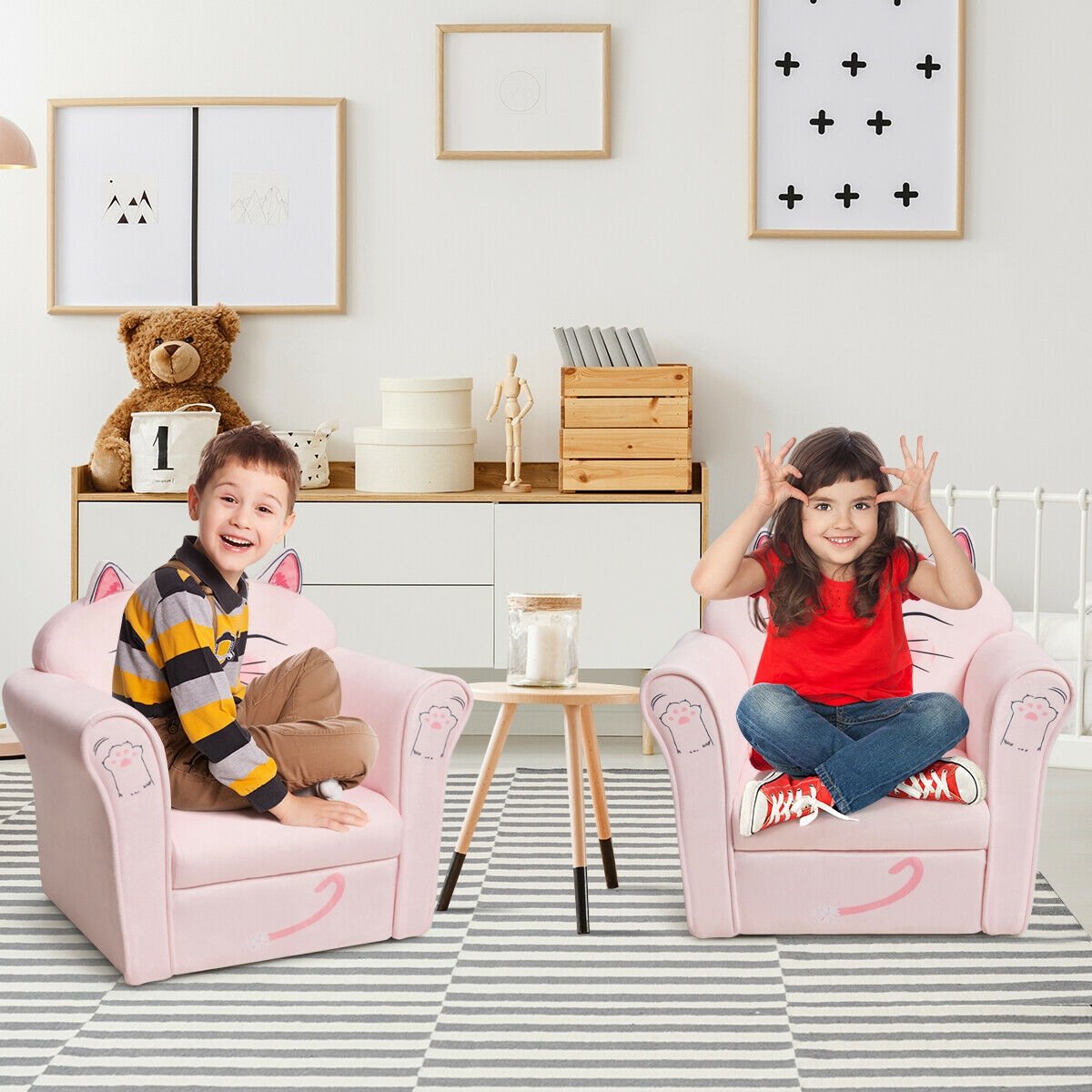 Kids Upholstered Cat Armrest Couch Sofa with Linen Fabric Kids Chairs & Seating   at Gallery Canada