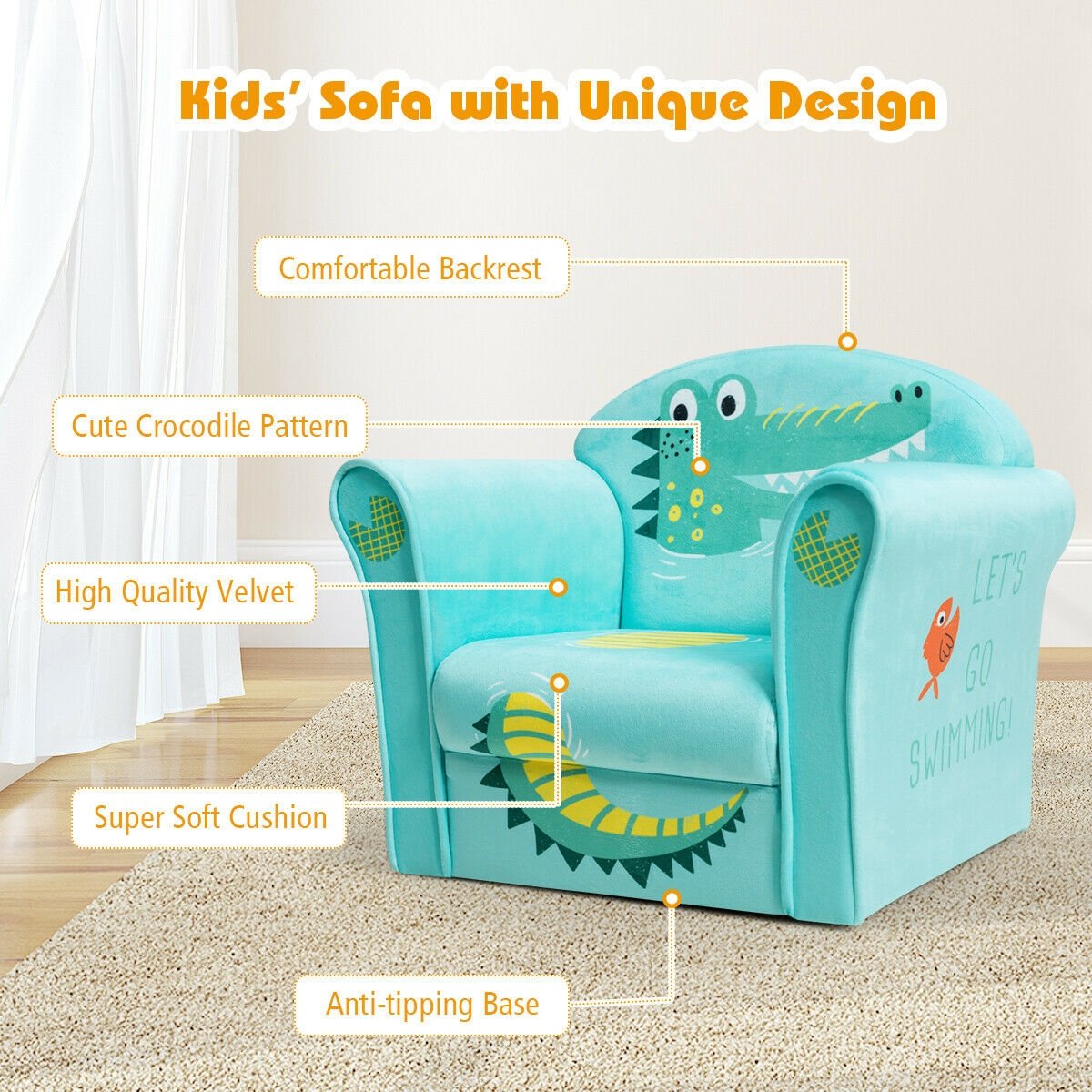 Kids Crocodile Armrest Upholstered Couch, Green Kids Chairs & Seating   at Gallery Canada