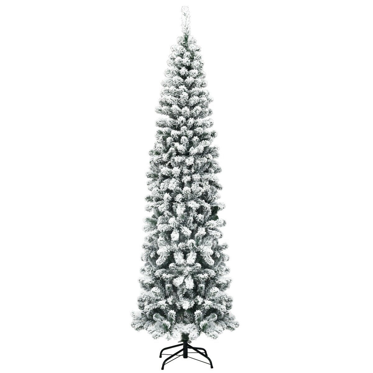 7.5 Feet Unlit Hinged Snow Flocked Artificial Pencil Christmas Tree with 641 Tips, Green Christmas Tree   at Gallery Canada