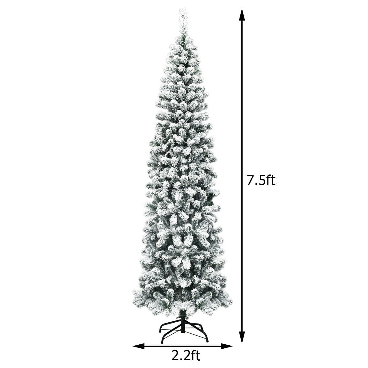 7.5 Feet Unlit Hinged Snow Flocked Artificial Pencil Christmas Tree with 641 Tips, Green Christmas Tree   at Gallery Canada